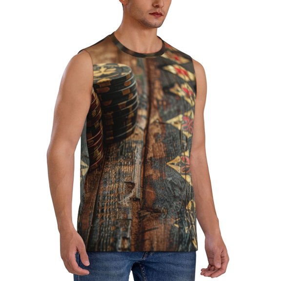 Fotbe Men's Vintage Poker Chips Print Men's Sleeveless Muscle Tank Tops Casual T-Shirts for Gym Workout Beach-Large