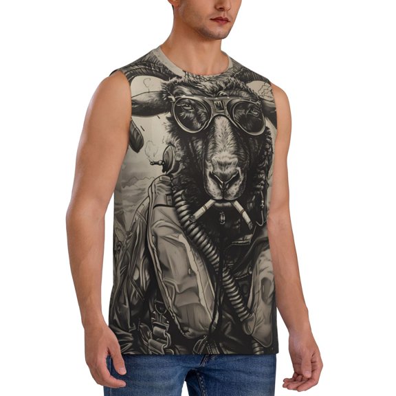 Fotbe Men's Vintage Ram Pilot Print Men's Sleeveless Muscle Tank Tops Casual T-Shirts for Gym Workout Beach-3X-Large