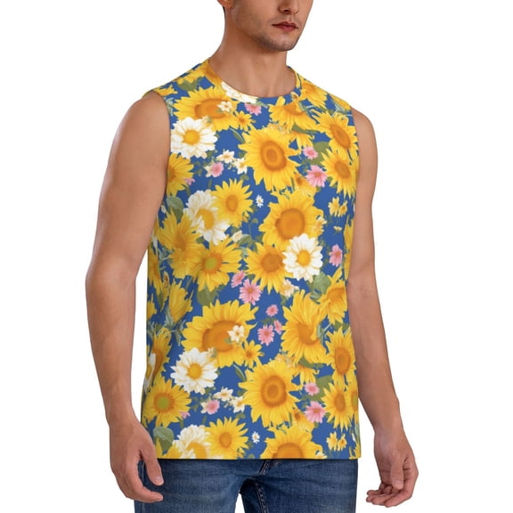 Fotbe Men's Vintage White Yellow Sunflower Print Men's Sleeveless Muscle Tank Tops Casual T-Shirts for Gym Workout Beach-X-Large
