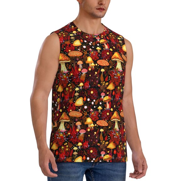 Fotbe Men's Warm Plants and Mushrooms Print Men's Sleeveless Muscle Tank Tops Casual T-Shirts for Gym Workout Beach-Medium