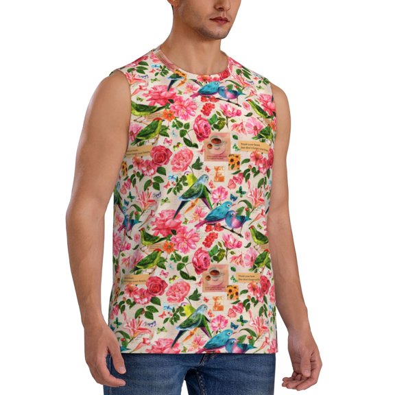 Fotbe Men's Watercolor Birds Print Men's Sleeveless Muscle Tank Tops Casual T-Shirts for Gym Workout Beach-3X-Large