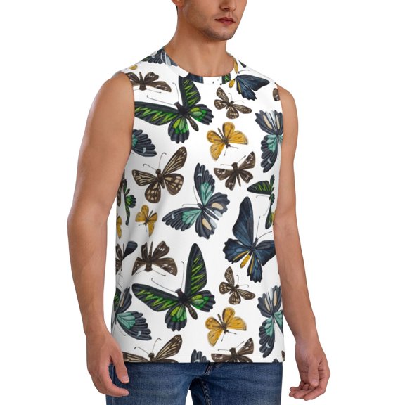 Fotbe Men's Watercolor Butterflies Print Men's Sleeveless Muscle Tank Tops Casual T-Shirts for Gym Workout Beach-Large