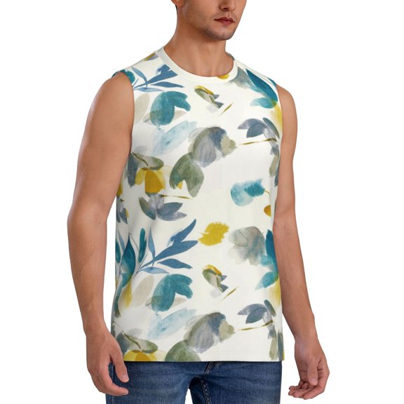 Fotbe Men's Watercolor Leaves Print Men's Sleeveless Muscle Tank Tops Casual T-Shirts for Gym Workout Beach-X-Large