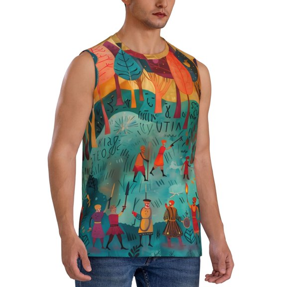 Fotbe Men's Whimsical Forest Scene Print Men's Sleeveless Muscle Tank Tops Casual T-Shirts for Gym Workout Beach-Large