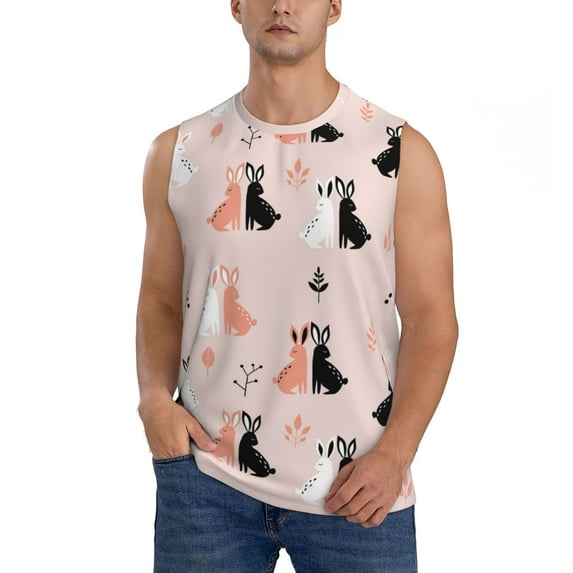 Fotbe Men's White And Black Rabbit Print Men's Sleeveless Muscle Tank Tops Casual T-Shirts for Gym Workout Beach-Large