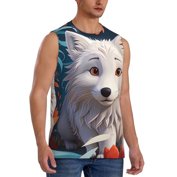 Fotbe Men's White Wolf With Flowers Print Men's Sleeveless Muscle Tank Tops Casual T-Shirts for Gym Workout Beach-Medium