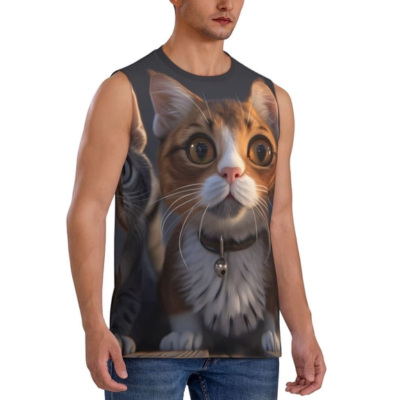 Fotbe Men's Wide Eyed Cartoon Cats Print Men's Sleeveless Muscle Tank Tops Casual T-Shirts for Gym Workout Beach-3X-Large
