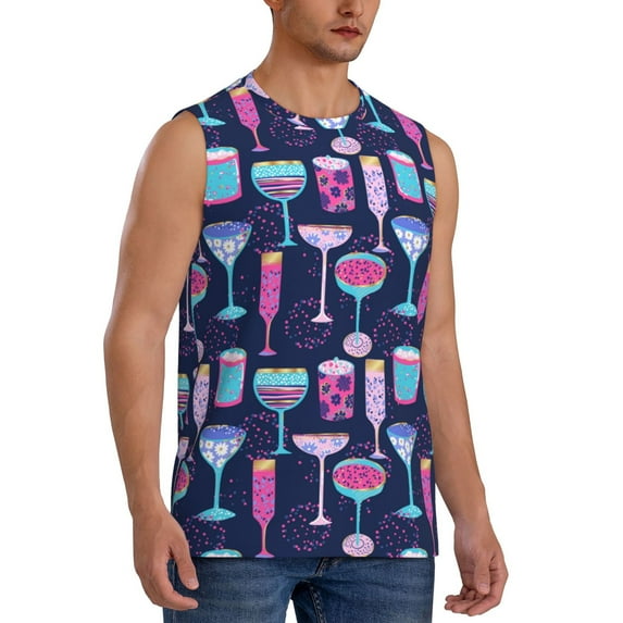 Fotbe Men's Wine Glasses And Cocktails Print Men's Sleeveless Muscle Tank Tops Casual T-Shirts for Gym Workout Beach-Small