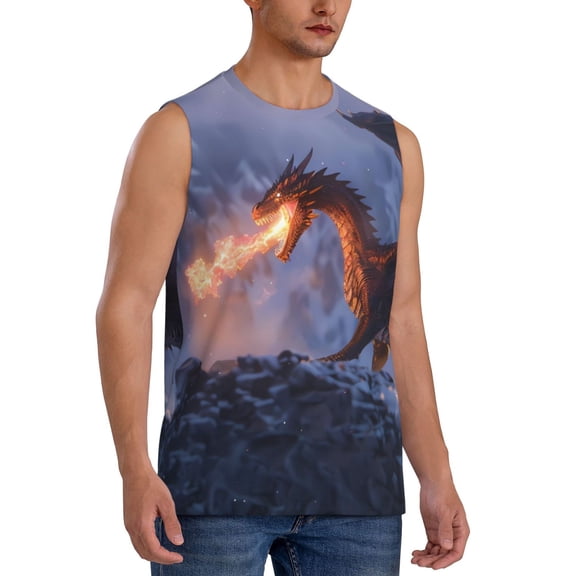 Fotbe Men's Winter Fire Dragon Print Men's Sleeveless Muscle Tank Tops Casual T-Shirts for Gym Workout Beach-X-Large