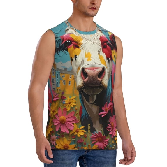 Fotbe Men's Yellow Daisy Cow Print Men's Sleeveless Muscle Tank Tops Casual T-Shirts for Gym Workout Beach-Medium