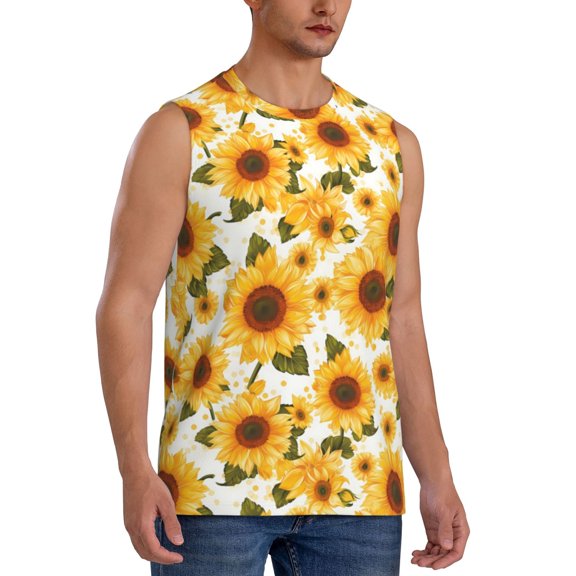 Fotbe Men's Yellow Polka Dot Sunflower Print Men's Sleeveless Muscle Tank Tops Casual T-Shirts for Gym Workout Beach-Small