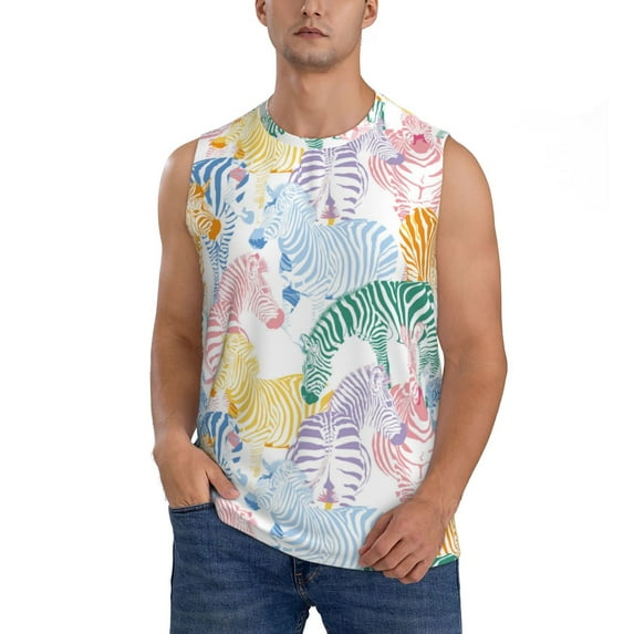 Fotbe Men's Zebra Colourful Print Men's Sleeveless Muscle Tank Tops Casual T-Shirts for Gym Workout Beach-3X-Large