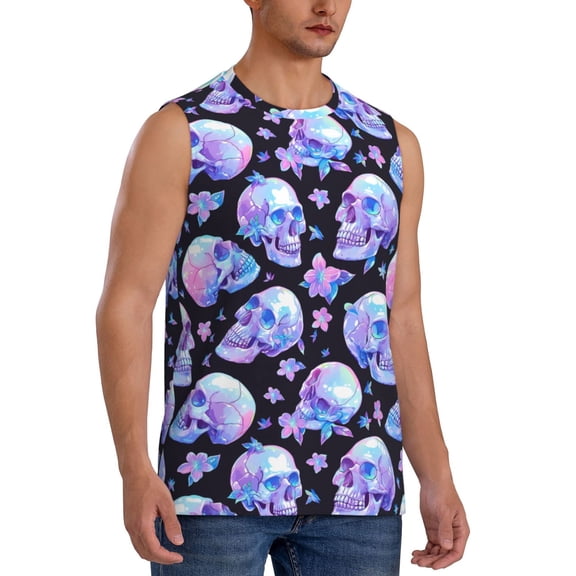 Fotbe Men's blue Skull flower Print Men's Sleeveless Muscle Tank Tops Casual T-Shirts for Gym Workout Beach-Large