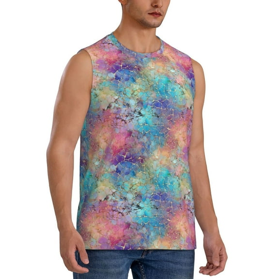 Fotbe Men's blue pink colorful cracked texture Print Men's Sleeveless Muscle Tank Tops Casual T-Shirts for Gym Workout Beach-Large