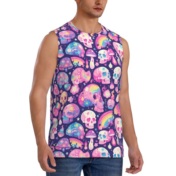 Fotbe Men's cartoon rainbow Skull Print Men's Sleeveless Muscle Tank Tops Casual T-Shirts for Gym Workout Beach-Large