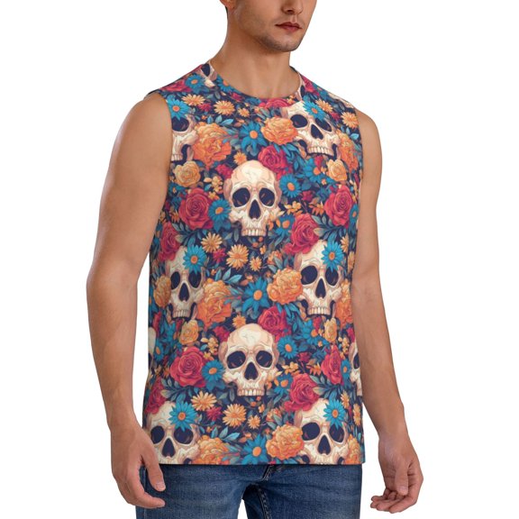 Fotbe Men's colorful Skull rose Print Men's Sleeveless Muscle Tank Tops Casual T-Shirts for Gym Workout Beach-XX-Large