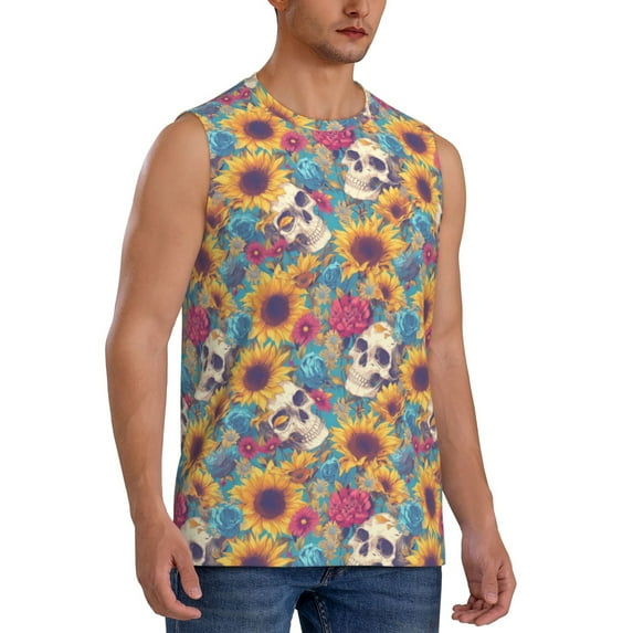 Fotbe Men's colorful Skull sunflower Print Men's Sleeveless Muscle Tank Tops Casual T-Shirts for Gym Workout Beach-Small