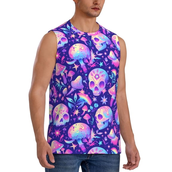 Fotbe Men's colorful mushroom Skull rainbow Print Men's Sleeveless Muscle Tank Tops Casual T-Shirts for Gym Workout Beach-XX-Large