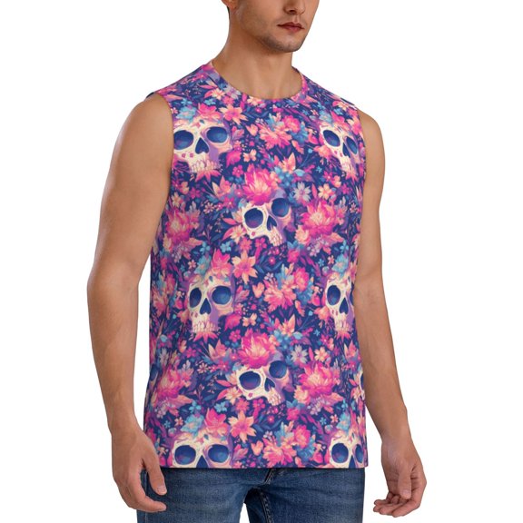 Fotbe Men's cool Skull flower colorful Print Men's Sleeveless Muscle Tank Tops Casual T-Shirts for Gym Workout Beach-Small