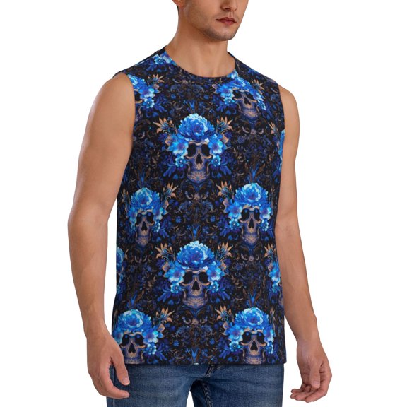 Fotbe Men's cool blue flower Skull Print Men's Sleeveless Muscle Tank Tops Casual T-Shirts for Gym Workout Beach-Medium