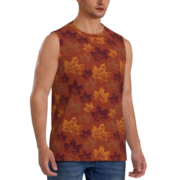 Fotbe Men's fall Maple Print Men's Sleeveless Muscle Tank Tops Casual T-Shirts for Gym Workout Beach-Medium