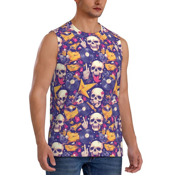 Fotbe Men's rock Skull record Print Men's Sleeveless Muscle Tank Tops Casual T-Shirts for Gym Workout Beach-X-Large