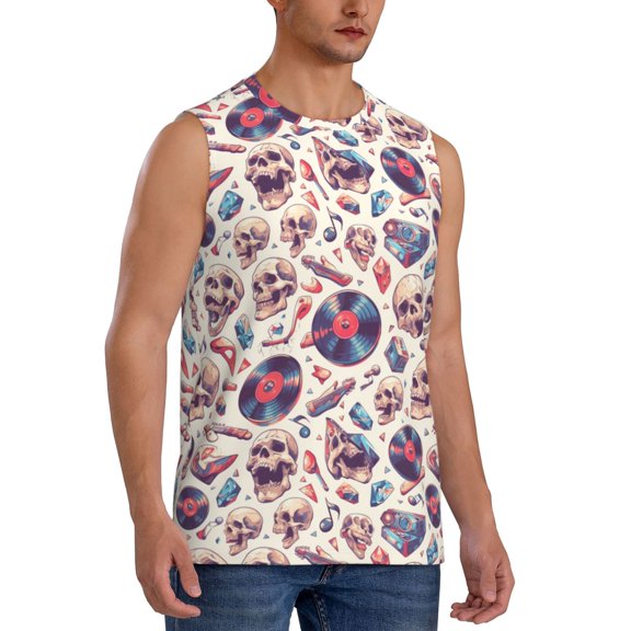 Fotbe Men's rock Skull record Retro Print Men's Sleeveless Muscle Tank Tops Casual T-Shirts for Gym Workout Beach-Small