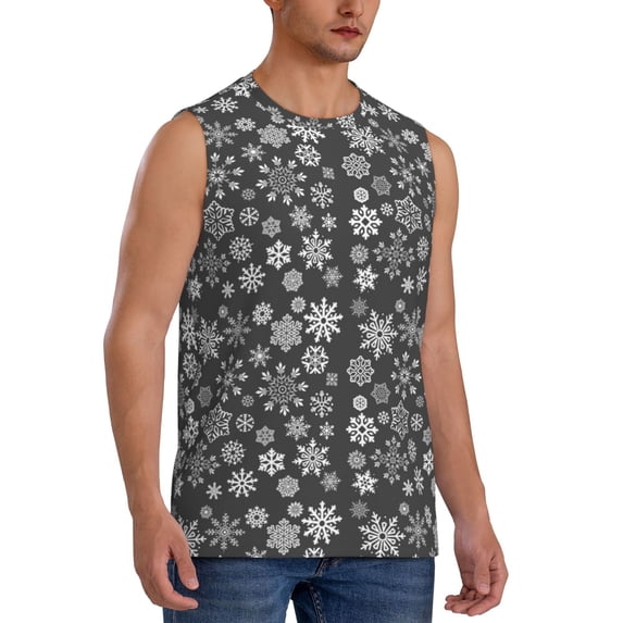 Fotbe Men's simple white Snowflake Print Men's Sleeveless Muscle Tank Tops Casual T-Shirts for Gym Workout Beach-Large