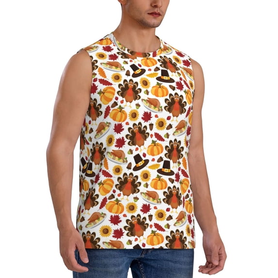 Fotbe Men's turkey hat Pumpkin Print Men's Sleeveless Muscle Tank Tops Casual T-Shirts for Gym Workout Beach-Large