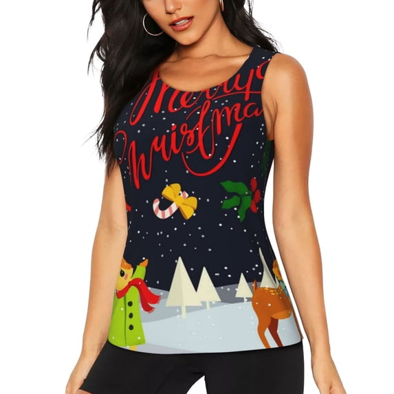 Fotbe Merry Christmas Elk Womens Loose Fit Casual Flowy Slim-Fit Tank Tops Athletic Round Neck Trendy Sleeveless Summer Tops for Gym and Yoga-Small