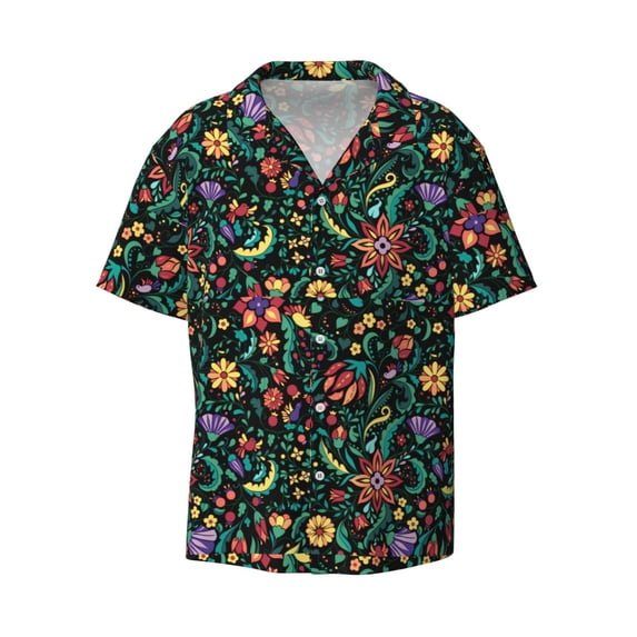 Fotbe Mexican Flower 1 print Short Sleeve Button Down Shirts for Men Casual Summer Beach Wrinkle Free Shirt-Medium