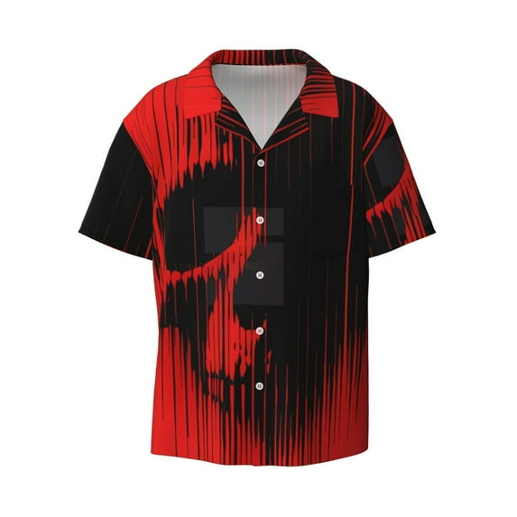 Fotbe Minimalist Skull Red print Short Sleeve Button Down Shirts for Men Casual Summer Beach Wrinkle Free Shirt-XX-Large