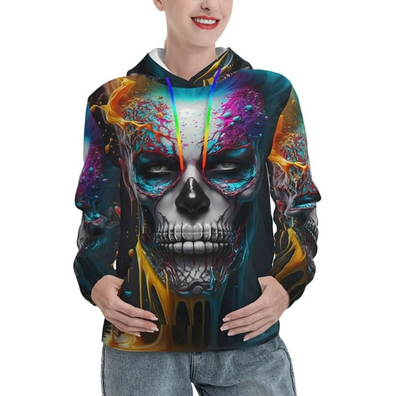 Fotbe Modern Abstract Colorful Skull Pattern Womens Long Sleeve Hoodie, Pullover Hooded Sweatshirt, Kangaroo Pocket Hoodie with Eye-catching Drawstrings-XX-Large