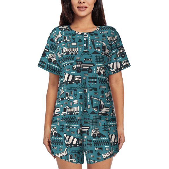 Fotbe Modern Excavator Print Pajama Set for Women 2 Piece Loungewear Short Sleeve Tops and Shorts Set Soft Sleepwear-Medium