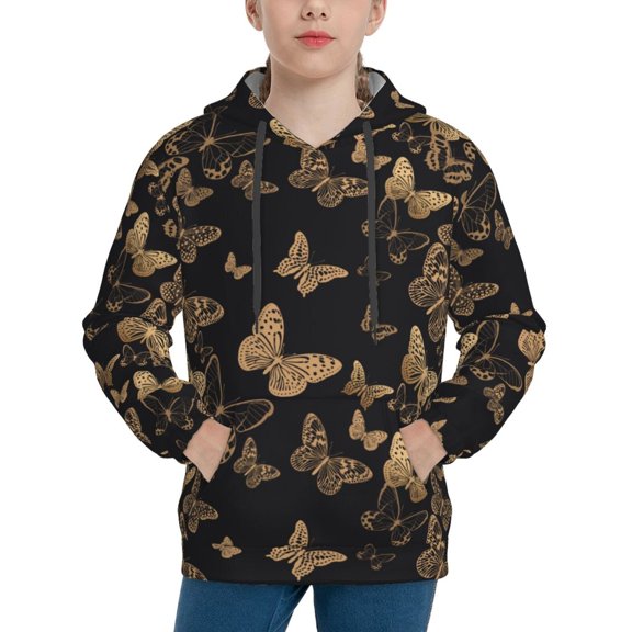 Fotbe Modern Golden Butterfly Pattern Youth Pullover Hooded Sweatshirt, Boys Hoodie, Kangaroo Pocket Hoodie for Kids Girls -Large