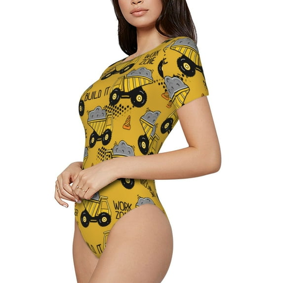 Fotbe Modern Truck Women's Crew Neck Short Sleeves Bodysuit Tops Round Neck Slim Sleeveless Soft Comfortable Basic-X-Large