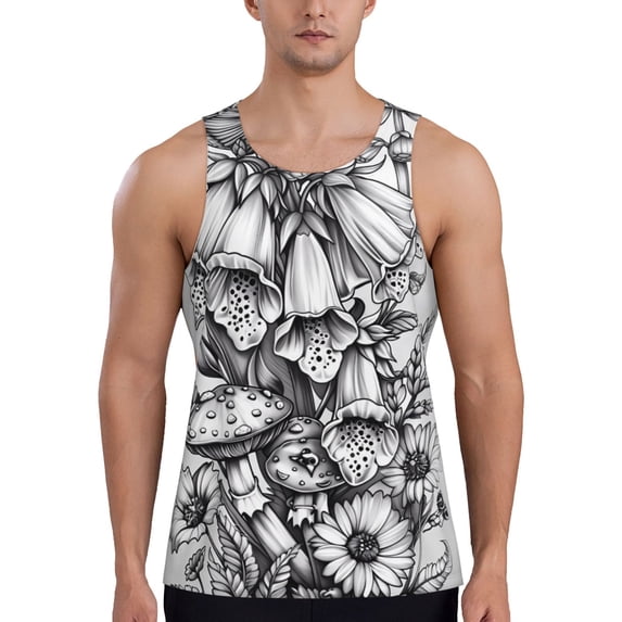 Fotbe Monochrome Botanical Illustration Pattern Men's Quick Dry Workout Tank Top Gym Muscle Tee Fitness Bodybuilding Sleeveless T Shirt Breathable Workout Shirt-4X-Large