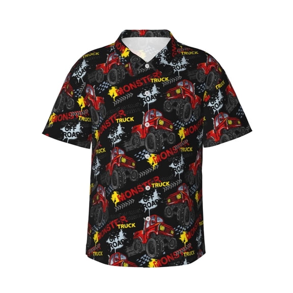 Fotbe Monster Truck Hawaiian Shirt for Men Unisex Summer Beach Casual Short Sleeve Cotton Linen Button Down Shirts-3X-Large