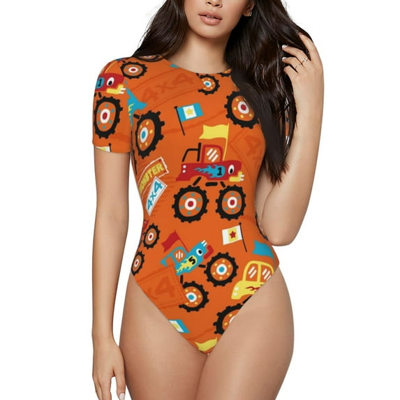 Fotbe Monster Truck,Truck Cartoon Women's Crew Neck Short Sleeves Bodysuit Tops Round Neck Slim Sleeveless Soft Comfortable Basic-XX-Large