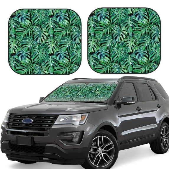 Fotbe Monstera Leaves 2-Piece Car Windshield Sun Shade | Sun Blocker for Car Windshield | Foldable Automotive Interior Accessories for Sun Protection-Medium