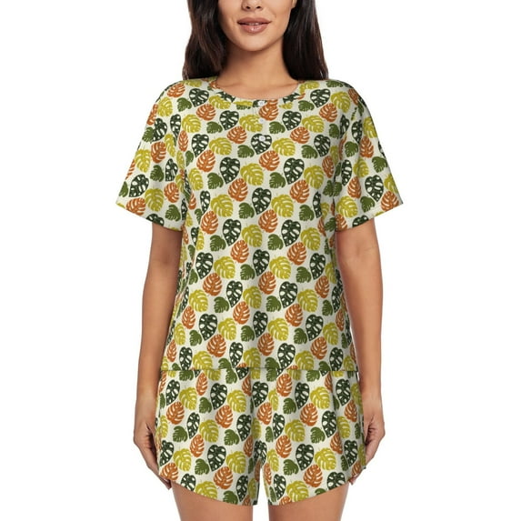 Fotbe Monstera Leaves Print Pajama Set for Women 2 Piece Loungewear Short Sleeve Tops and Shorts Set Soft Sleepwear-3X-Large