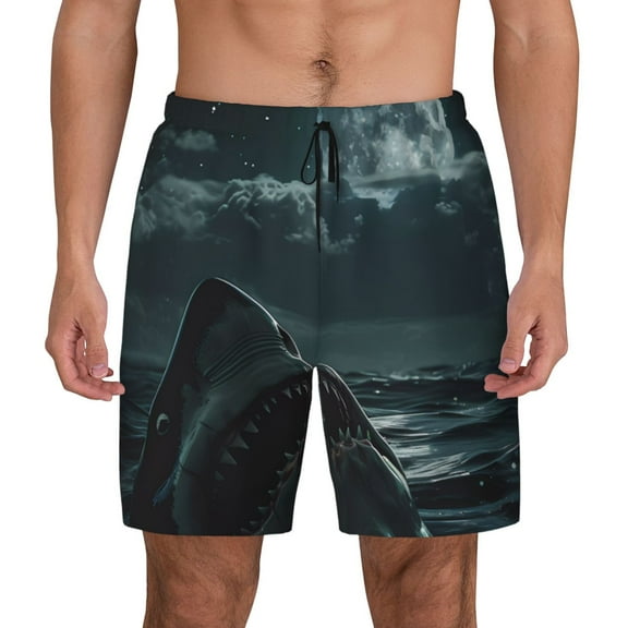 Fotbe Moonlit Night Sky Shark Men’s Swim Trunks Quick Dry Swim Shorts Board Shorts with Mesh Lining-Small