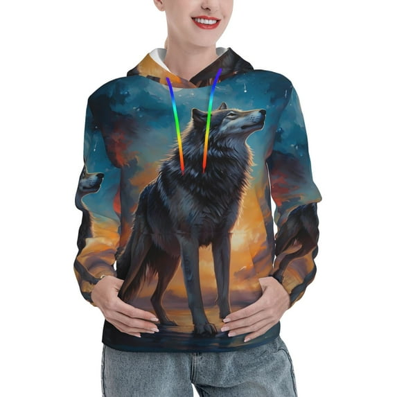 Fotbe Moonlit Night Sky Wolf Pattern Womens Long Sleeve Hoodie, Pullover Hooded Sweatshirt, Kangaroo Pocket Hoodie with Eye-catching Drawstrings-Small