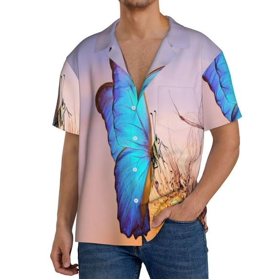 Fotbe Morpho butterfly and dandelion Print Short Sleeve Button Down Shirts for Men Casual Summer Beach Wrinkle Free Shirt-Medium