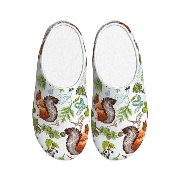 Fotbe Mosaic Forest Squirrel Pattern Women's Fuzzy Curly Fur Memory Foam Loafer Slippers Indoor Outdoor Slippers Winter Home Shoes-39/40