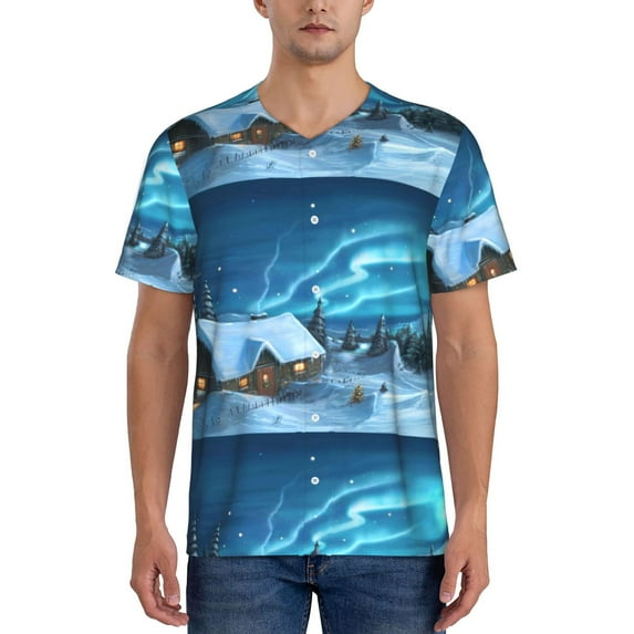 Fotbe Mountain Cottage In Snow Baseball Jersey Shirt for Men and Women, Casual Short Sleeves Button Down T-Shirt-Large