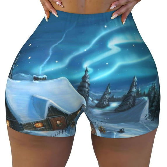 Fotbe Mountain Cottage In Snow Seamless Shorts, Womens Workout Shorts High Waist Stretch Booty Short for Gym/Yoga/Running/Biking-