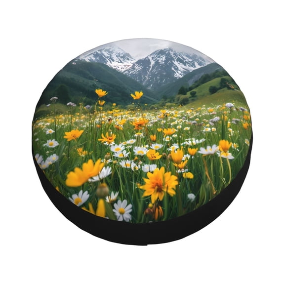 Fotbe Mountain Daisy Meadow Spare Tire Cover Thickening Universal Fit for Jeep, Trailer, RV, SUV, Truck, Tough Tire Wheel Soft Cover-16 inch