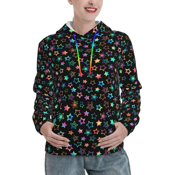 Fotbe Multi-Colored Stars Pattern Womens Long Sleeve Hoodie, Pullover Hooded Sweatshirt, Kangaroo Pocket Hoodie with Eye-catching Drawstrings-Small