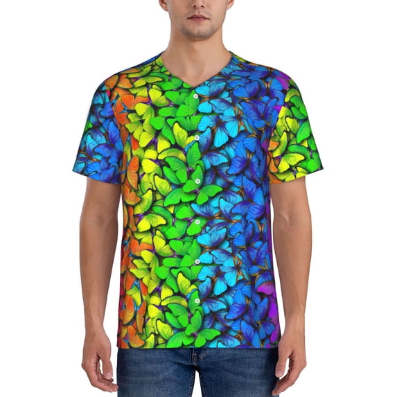 Fotbe Multicolored Butterflies Baseball Jersey Shirt for Men and Women, Casual Short Sleeves Button Down T-Shirt-4X-Large